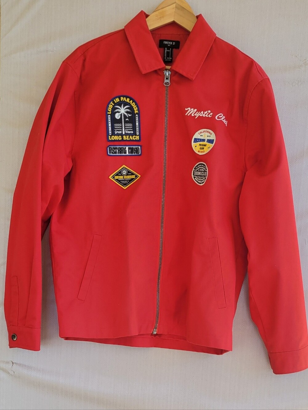 Forever 21 Small Men's Teens Jacket Red Astral Patch-Accent Raincoat